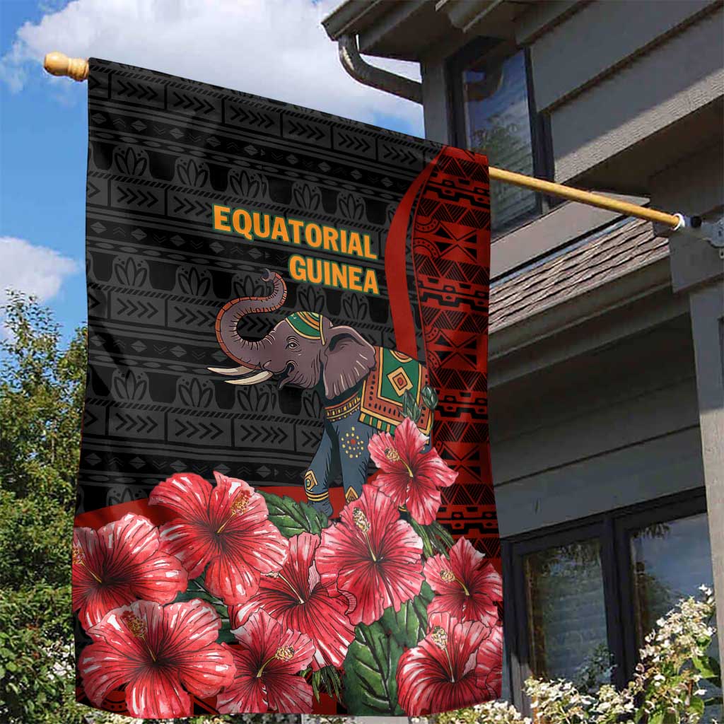 Equatorial Guinea Elephant Garden Flag with Hibiscus Flowers and Tribal Patterns