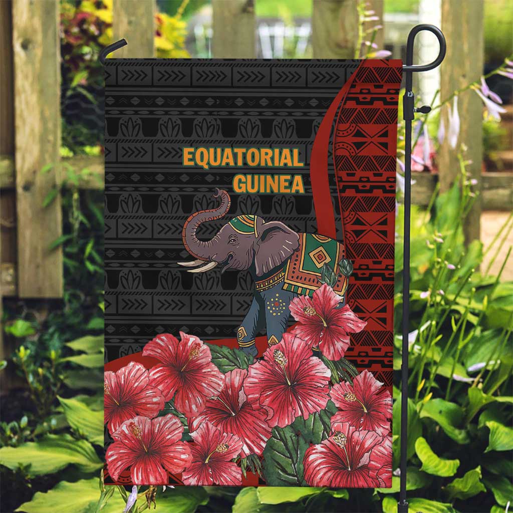 Equatorial Guinea Elephant Garden Flag with Hibiscus Flowers and Tribal Patterns