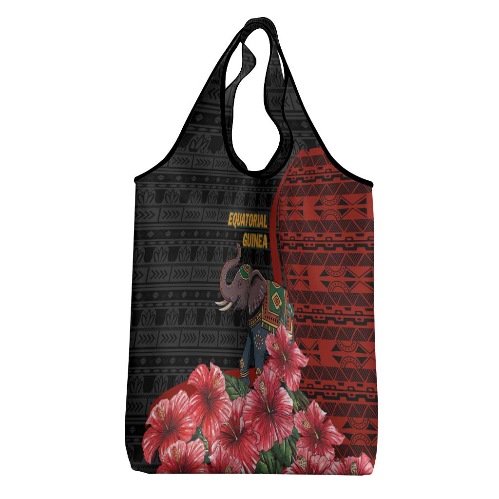 Equatorial Guinea Elephant Grocery Bag with Hibiscus Flowers and Tribal Patterns