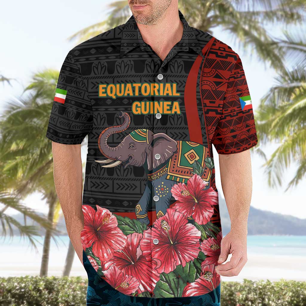 Equatorial Guinea Elephant Hawaiian Shirt with Hibiscus Flowers and Tribal Patterns