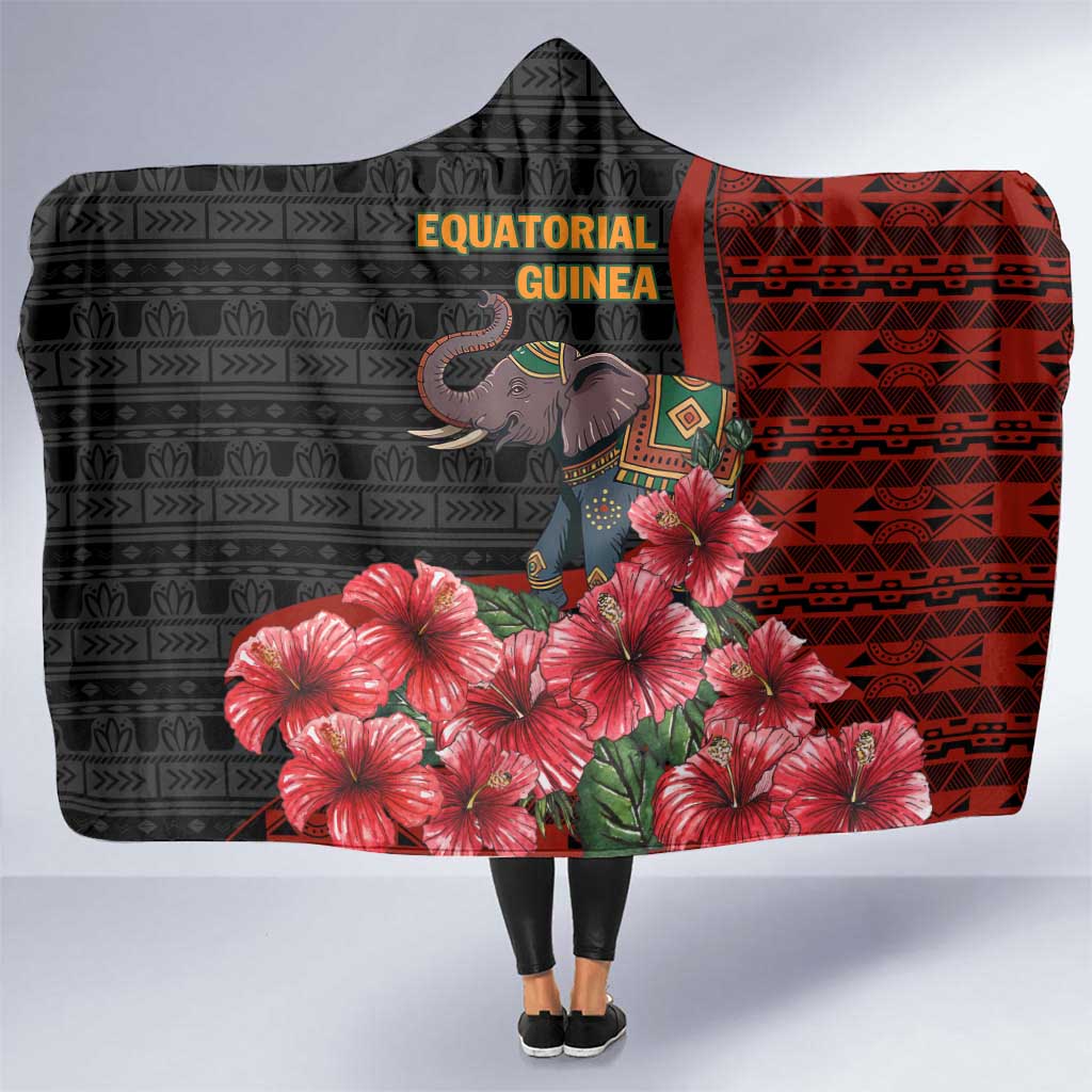 Equatorial Guinea Elephant Hooded Blanket with Hibiscus Flowers and Tribal Patterns