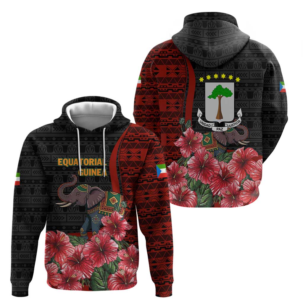 Equatorial Guinea Elephant Hoodie with Hibiscus Flowers and Tribal Patterns