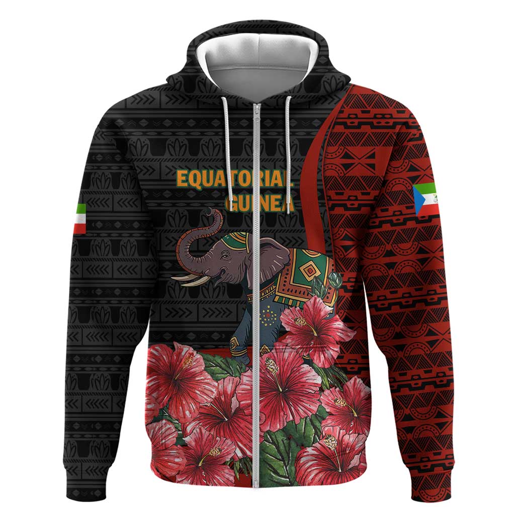 Equatorial Guinea Elephant Hoodie with Hibiscus Flowers and Tribal Patterns