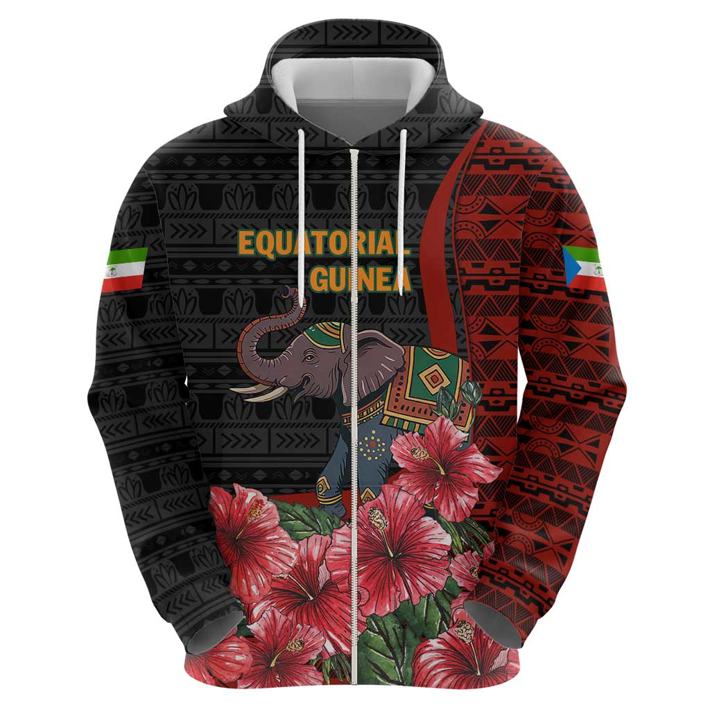 Equatorial Guinea Elephant Hoodie with Hibiscus Flowers and Tribal Patterns