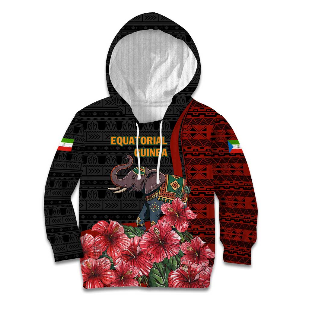 Equatorial Guinea Elephant Kid Hoodie with Hibiscus Flowers and Tribal Patterns