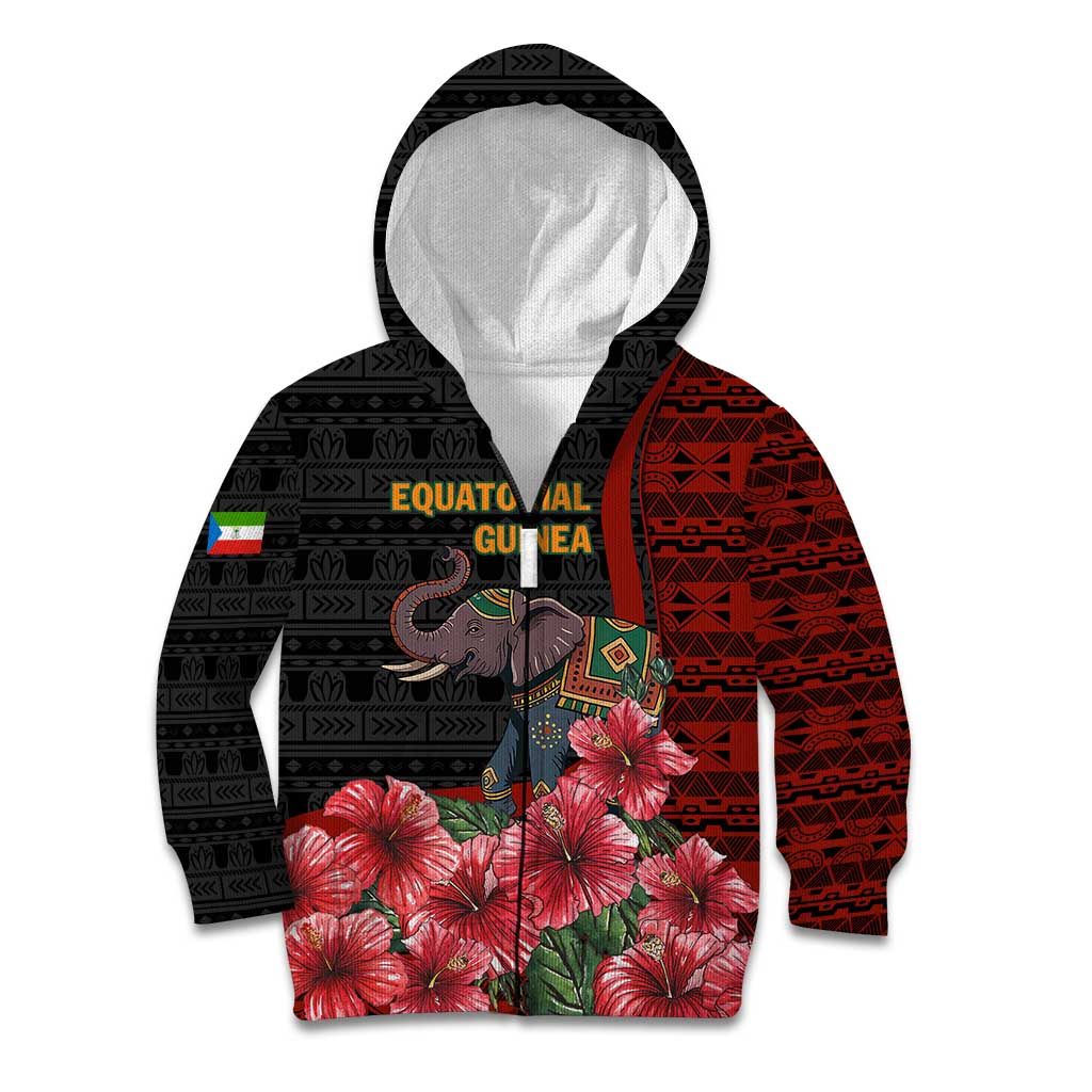 Equatorial Guinea Elephant Kid Hoodie with Hibiscus Flowers and Tribal Patterns