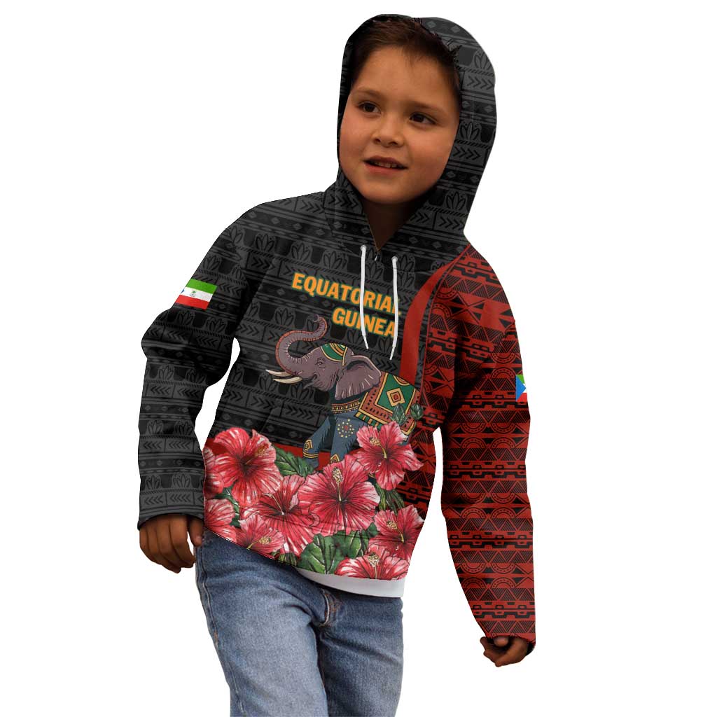 Equatorial Guinea Elephant Kid Hoodie with Hibiscus Flowers and Tribal Patterns