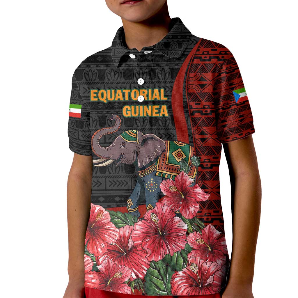 Equatorial Guinea Elephant Kid Polo Shirt with Hibiscus Flowers and Tribal Patterns