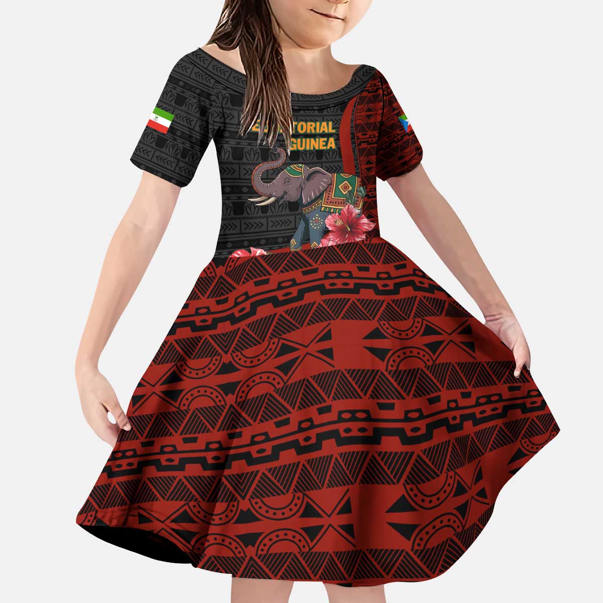 Equatorial Guinea Elephant Kid Short Sleeve Dress with Hibiscus Flowers and Tribal Patterns