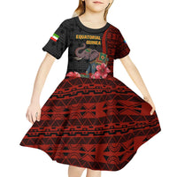 Equatorial Guinea Elephant Kid Short Sleeve Dress with Hibiscus Flowers and Tribal Patterns
