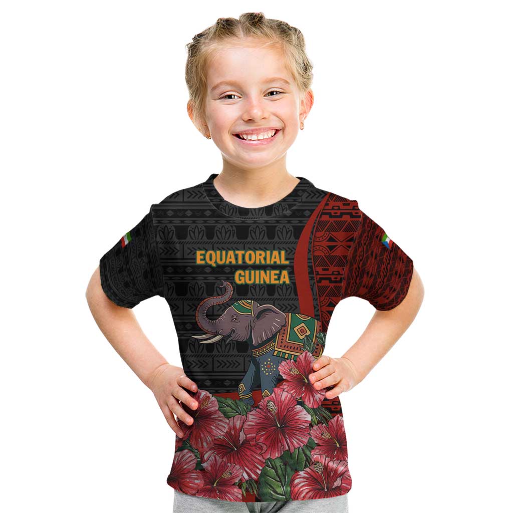 Equatorial Guinea Elephant Kid T Shirt with Hibiscus Flowers and Tribal Patterns