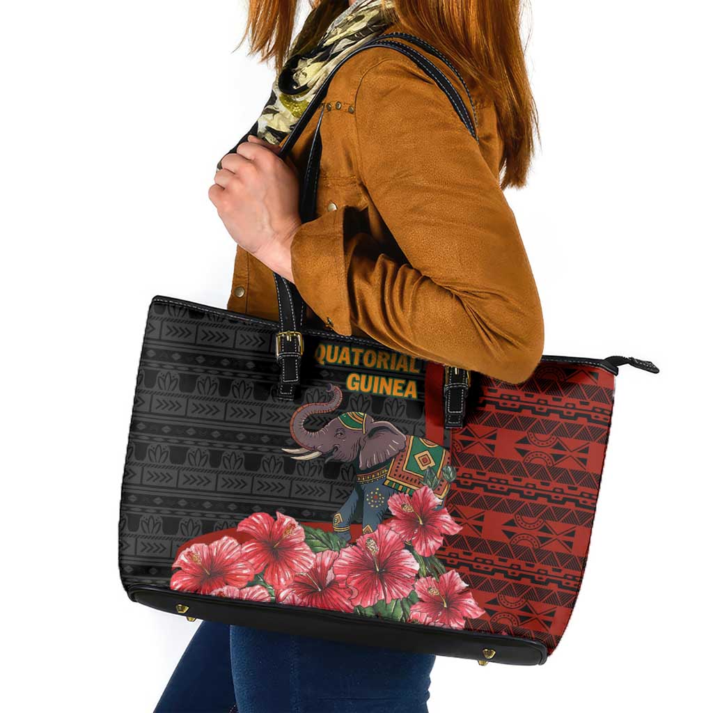 Equatorial Guinea Elephant Leather Tote Bag with Hibiscus Flowers and Tribal Patterns