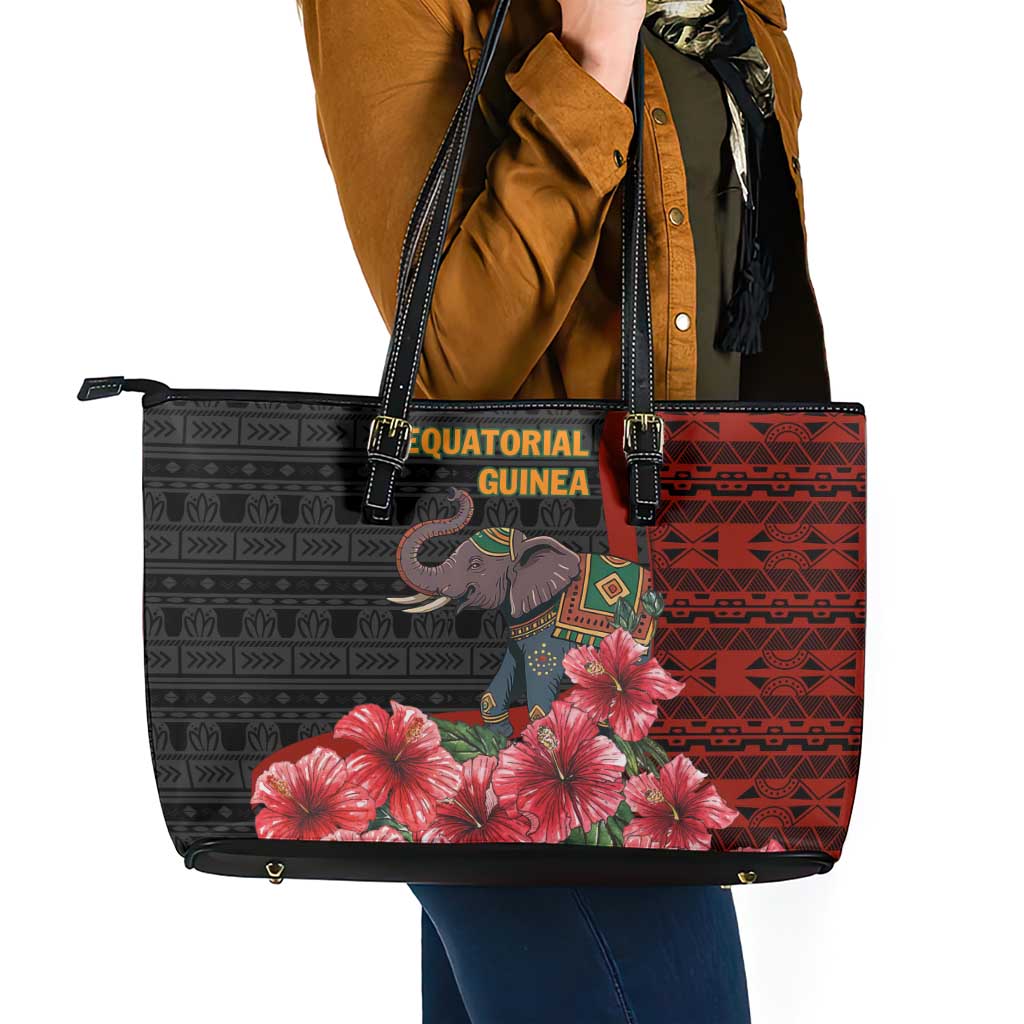 Equatorial Guinea Elephant Leather Tote Bag with Hibiscus Flowers and Tribal Patterns