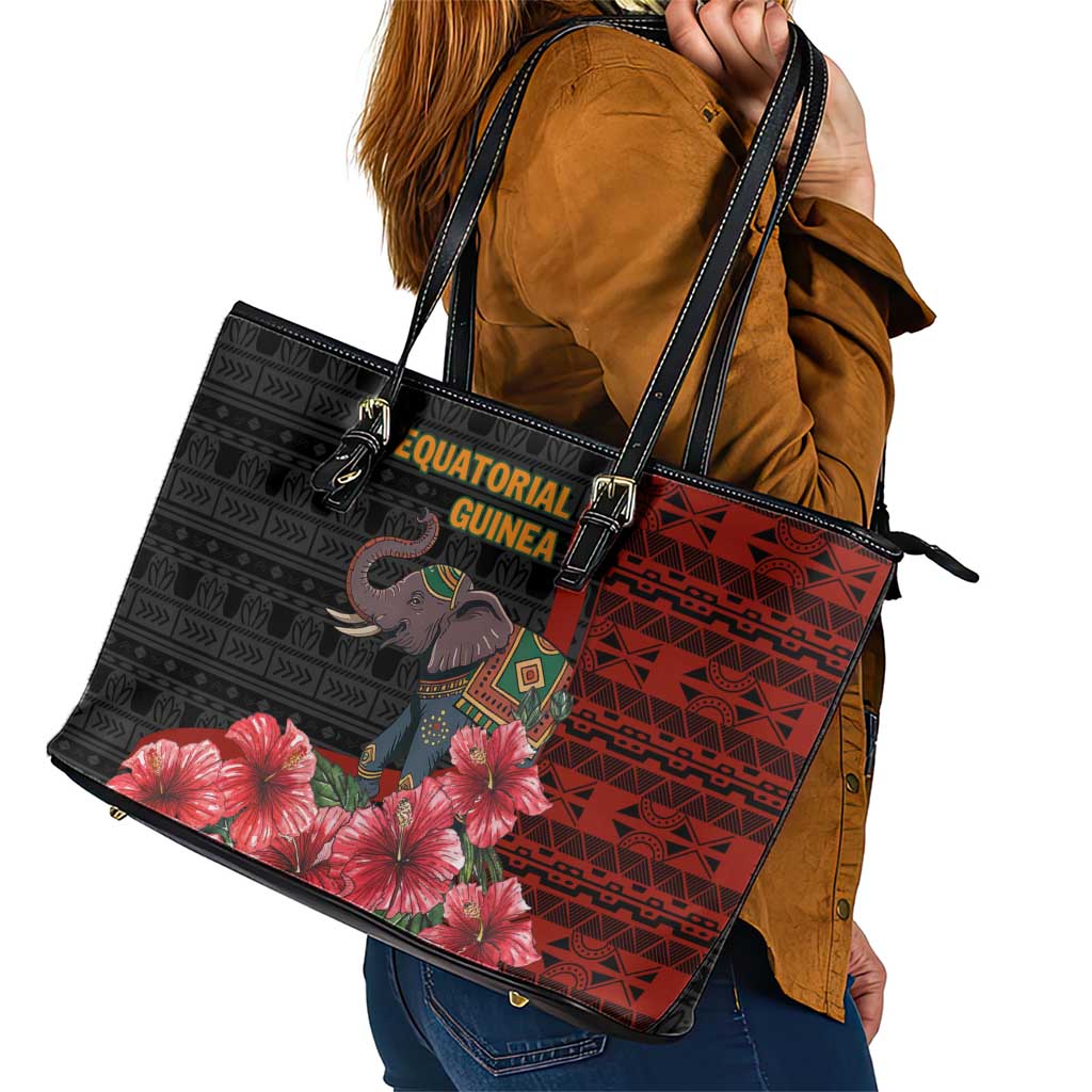 Equatorial Guinea Elephant Leather Tote Bag with Hibiscus Flowers and Tribal Patterns