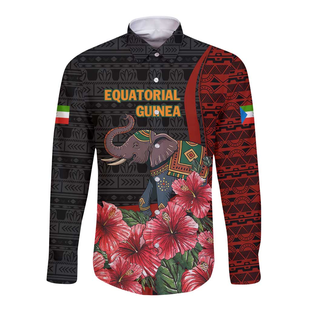 Equatorial Guinea Elephant Long Sleeve Button Shirt with Hibiscus Flowers and Tribal Patterns