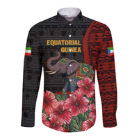 Equatorial Guinea Elephant Long Sleeve Button Shirt with Hibiscus Flowers and Tribal Patterns