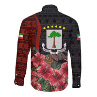 Equatorial Guinea Elephant Long Sleeve Button Shirt with Hibiscus Flowers and Tribal Patterns