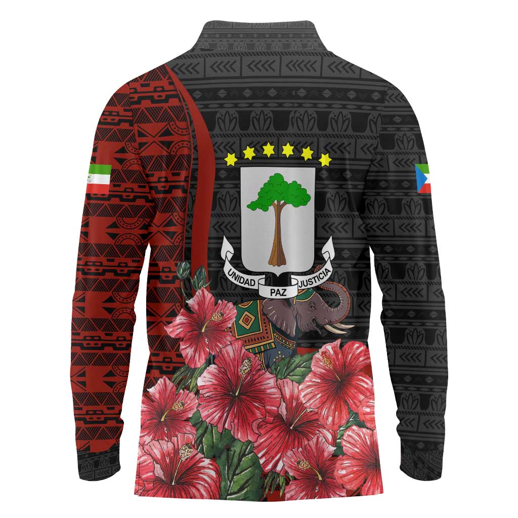 Equatorial Guinea Elephant Long Sleeve Polo Shirt with Hibiscus Flowers and Tribal Patterns