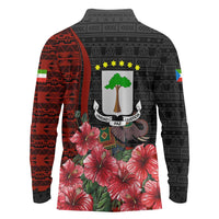 Equatorial Guinea Elephant Long Sleeve Polo Shirt with Hibiscus Flowers and Tribal Patterns