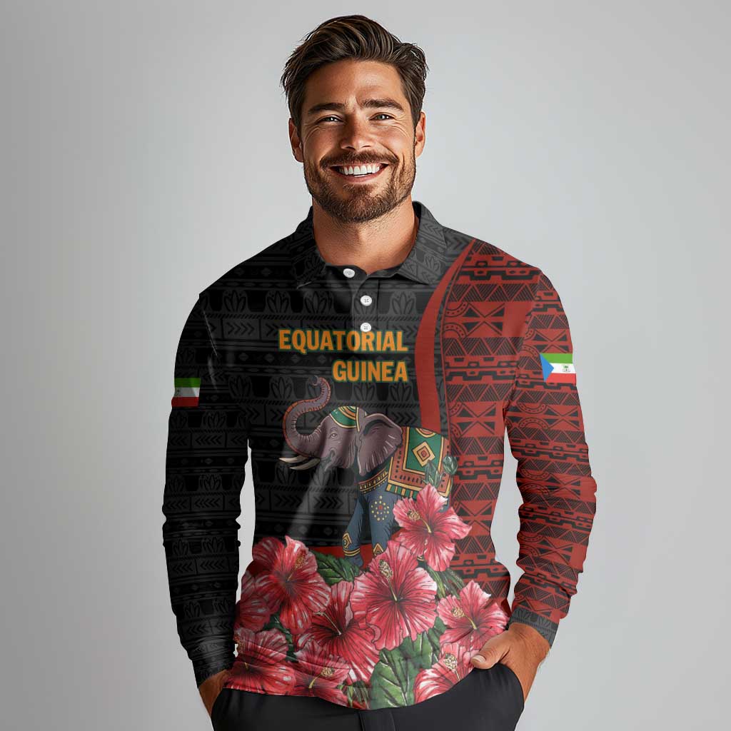 Equatorial Guinea Elephant Long Sleeve Polo Shirt with Hibiscus Flowers and Tribal Patterns