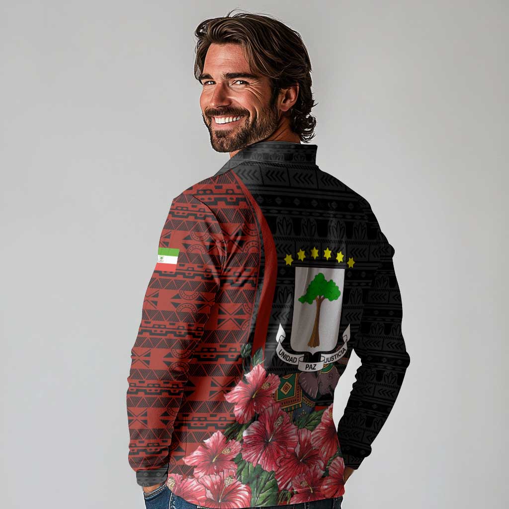 Equatorial Guinea Elephant Long Sleeve Polo Shirt with Hibiscus Flowers and Tribal Patterns