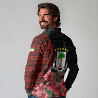 Equatorial Guinea Elephant Long Sleeve Polo Shirt with Hibiscus Flowers and Tribal Patterns