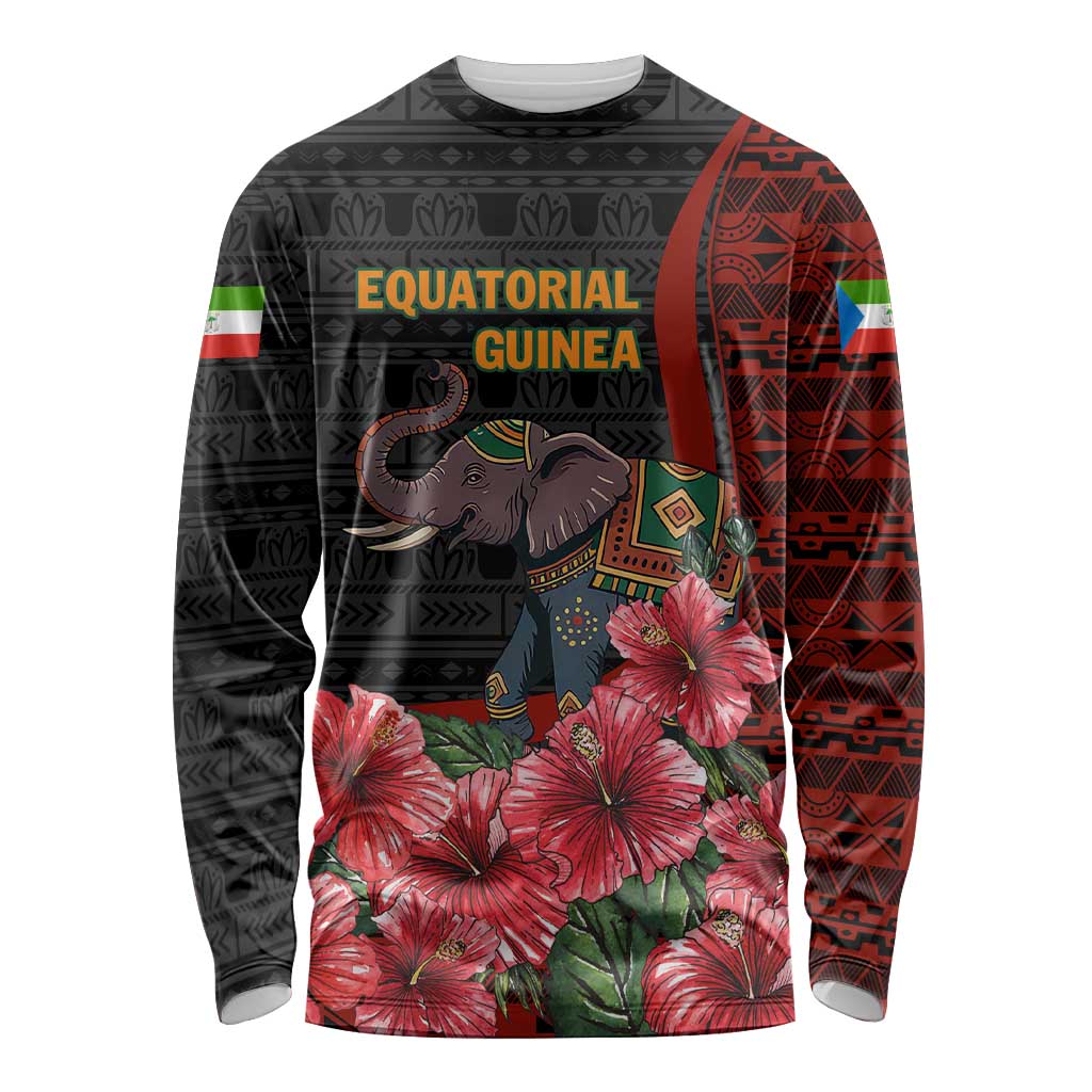 Equatorial Guinea Elephant Long Sleeve Shirt with Hibiscus Flowers and Tribal Patterns