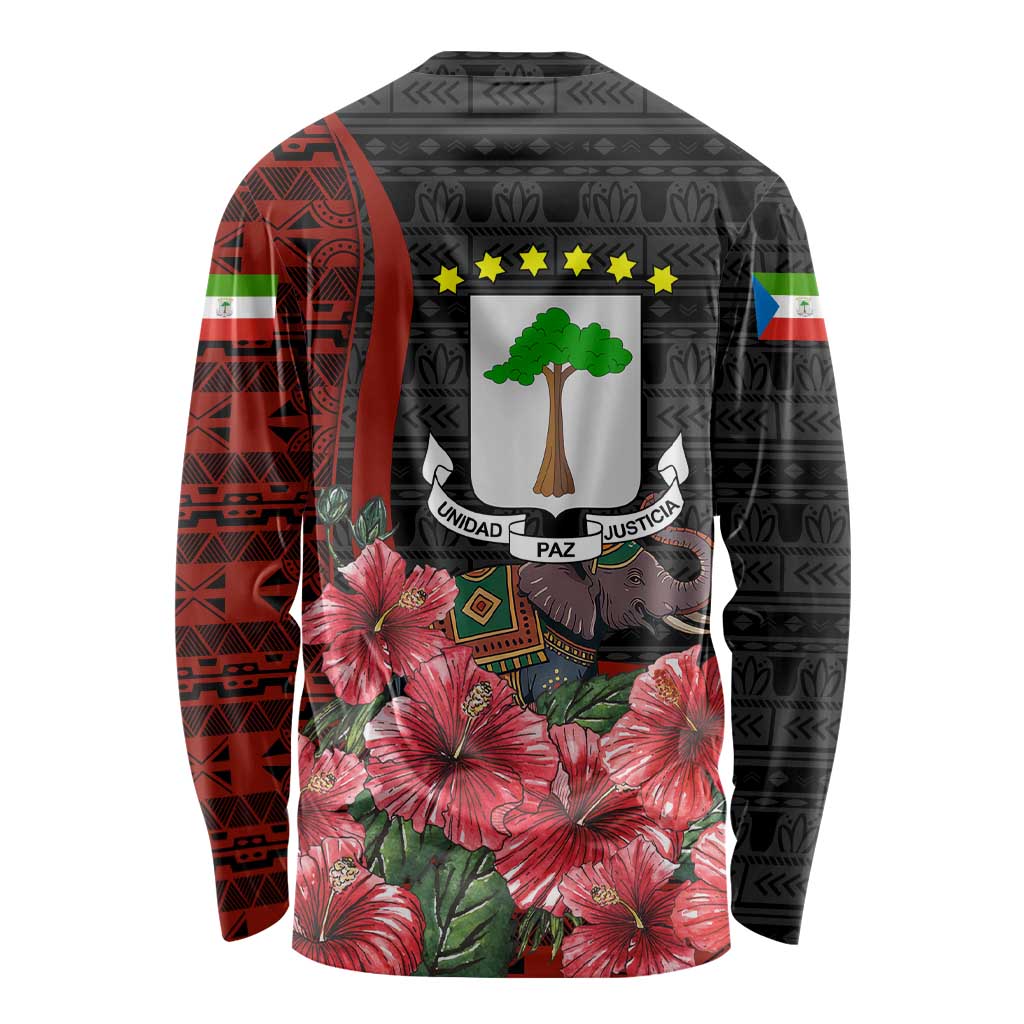 Equatorial Guinea Elephant Long Sleeve Shirt with Hibiscus Flowers and Tribal Patterns