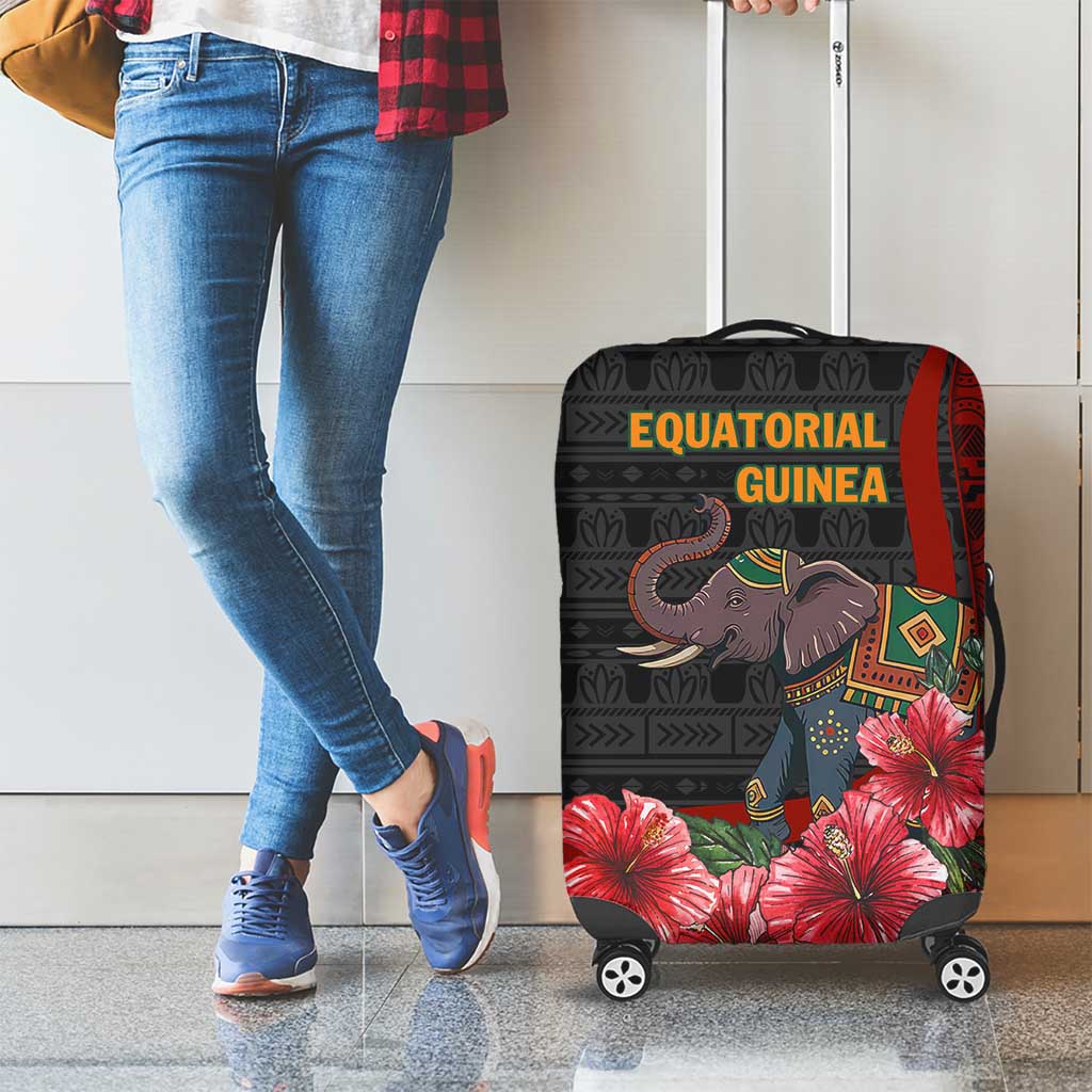 Equatorial Guinea Elephant Luggage Cover with Hibiscus Flowers and Tribal Patterns