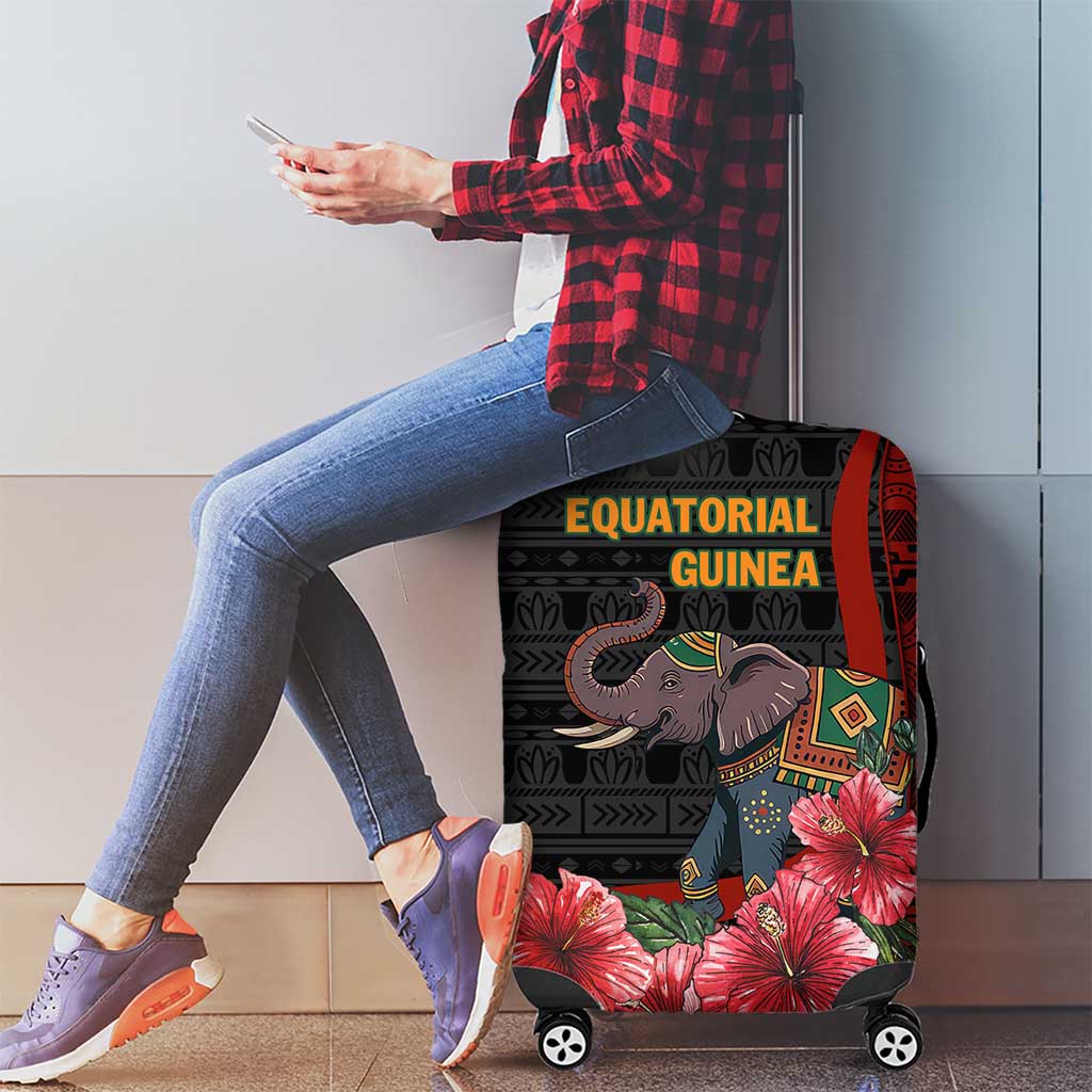 Equatorial Guinea Elephant Luggage Cover with Hibiscus Flowers and Tribal Patterns