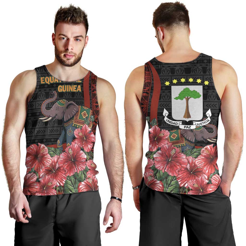 Equatorial Guinea Elephant Men Tank Top with Hibiscus Flowers and Tribal Patterns