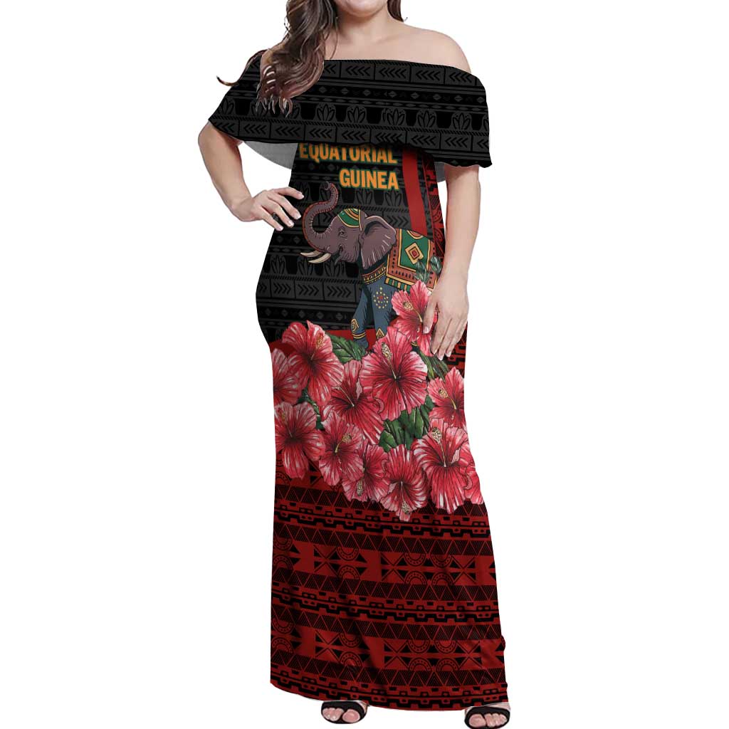 Equatorial Guinea Elephant Off Shoulder Maxi Dress with Hibiscus Flowers and Tribal Patterns