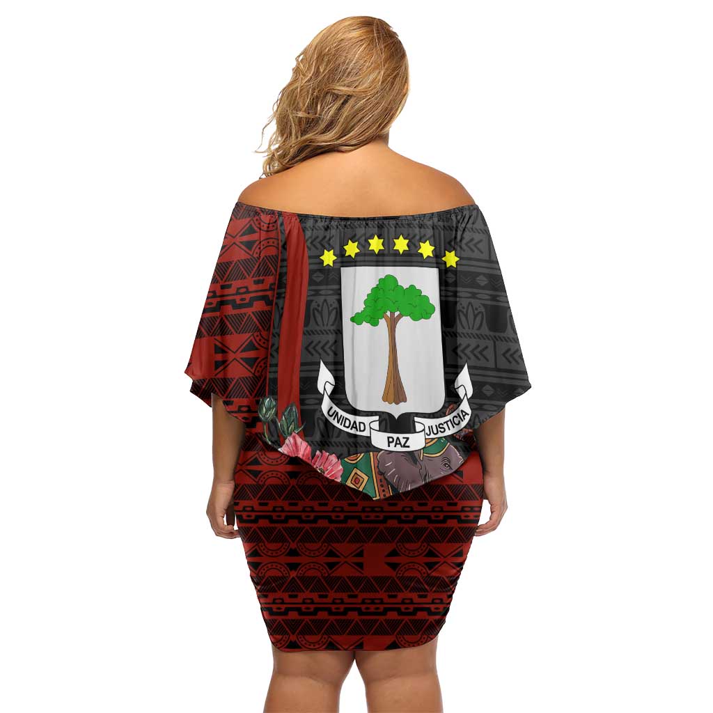 Equatorial Guinea Elephant Off Shoulder Short Dress with Hibiscus Flowers and Tribal Patterns