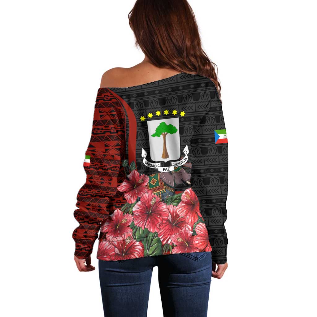 Equatorial Guinea Elephant Off Shoulder Sweater with Hibiscus Flowers and Tribal Patterns