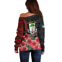 Equatorial Guinea Elephant Off Shoulder Sweater with Hibiscus Flowers and Tribal Patterns