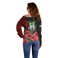 Equatorial Guinea Elephant Off Shoulder Sweater with Hibiscus Flowers and Tribal Patterns