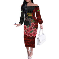Equatorial Guinea Elephant Off The Shoulder Long Sleeve Dress with Hibiscus Flowers and Tribal Patterns