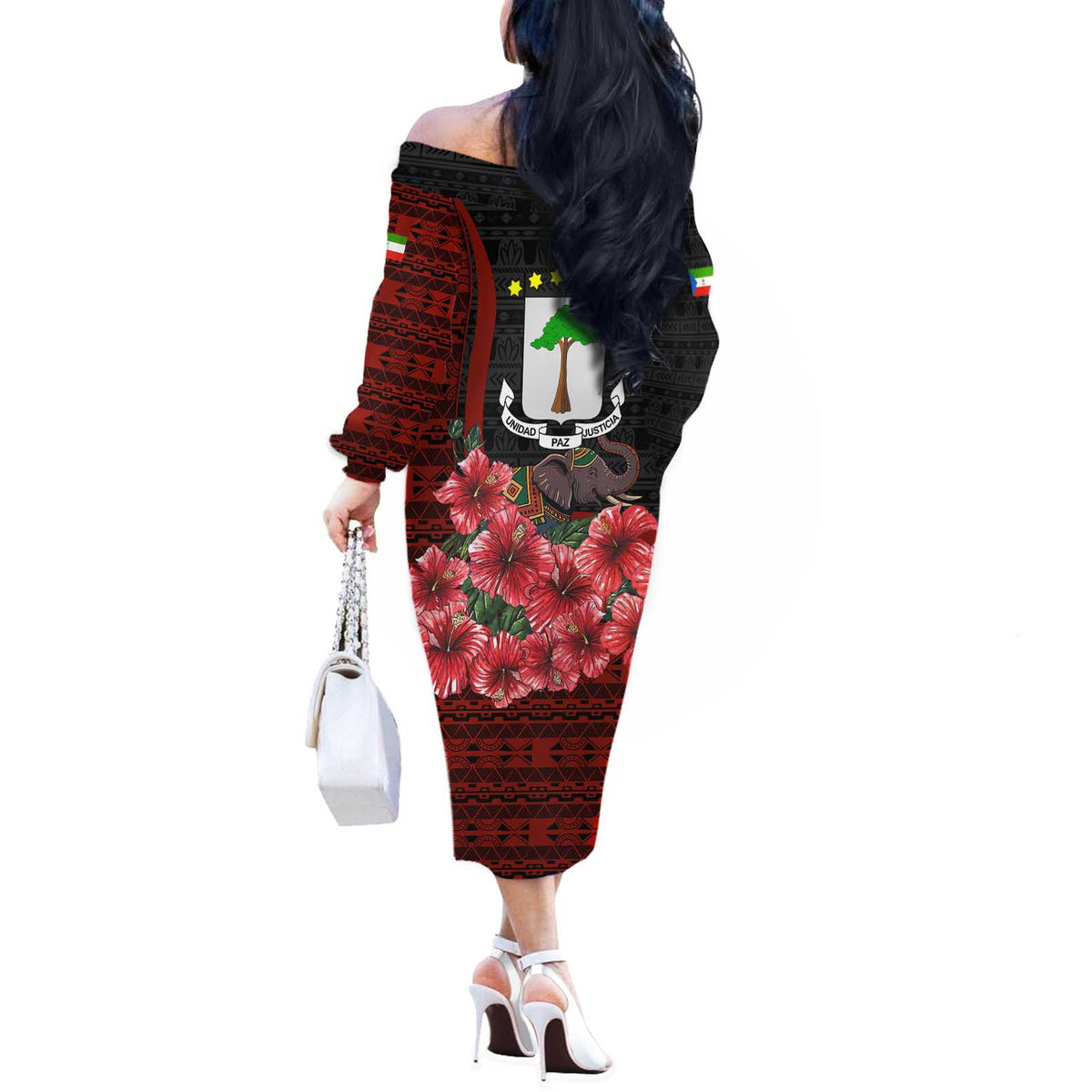 Equatorial Guinea Elephant Off The Shoulder Long Sleeve Dress with Hibiscus Flowers and Tribal Patterns