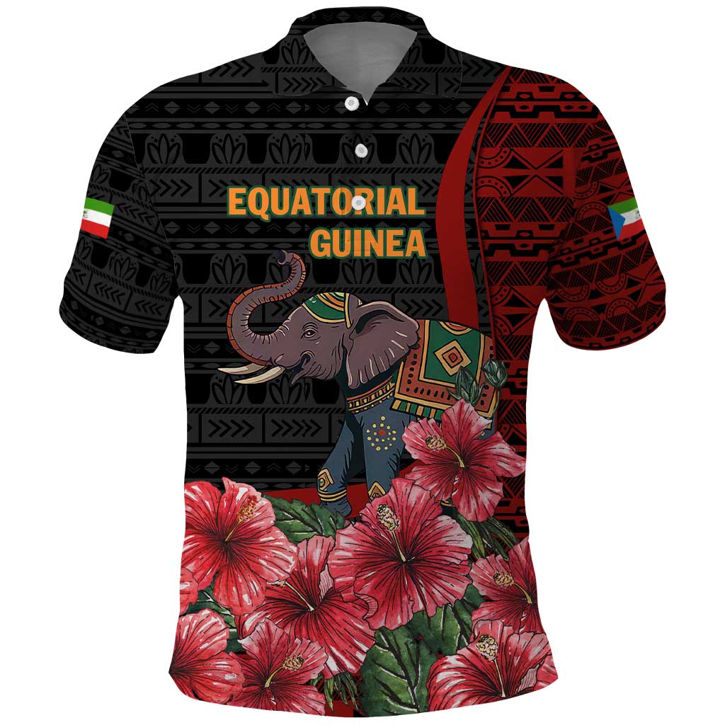 Equatorial Guinea Elephant Polo Shirt with Hibiscus Flowers and Tribal Patterns