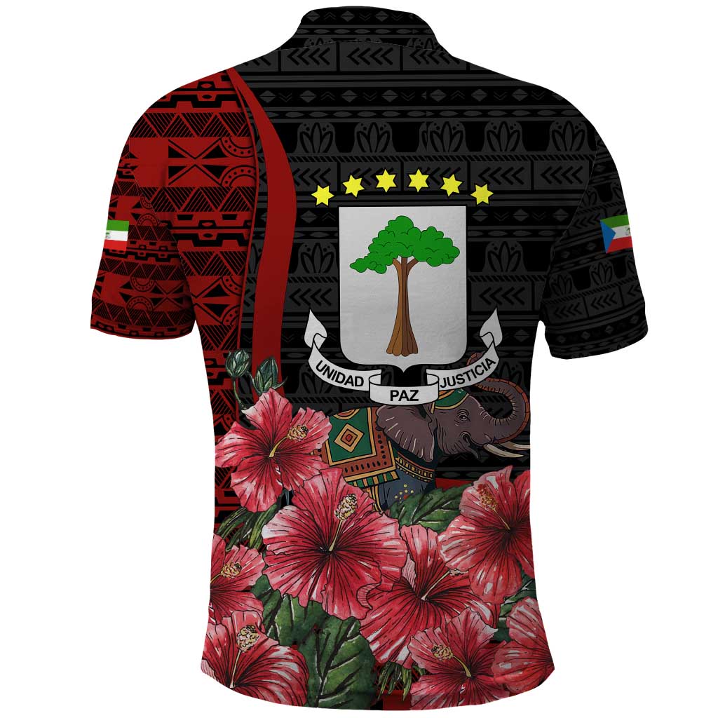 Equatorial Guinea Elephant Polo Shirt with Hibiscus Flowers and Tribal Patterns