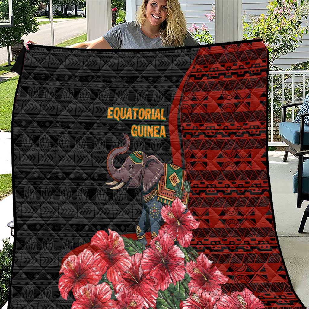 Equatorial Guinea Elephant Quilt with Hibiscus Flowers and Tribal Patterns