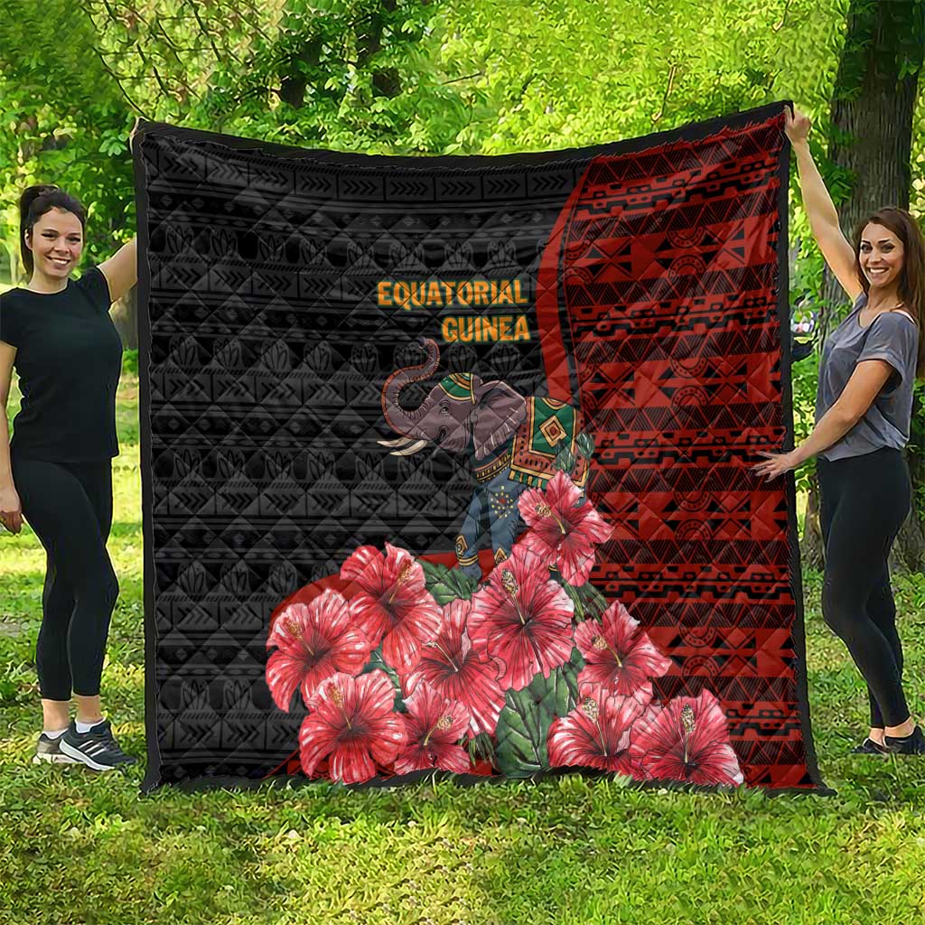 Equatorial Guinea Elephant Quilt with Hibiscus Flowers and Tribal Patterns