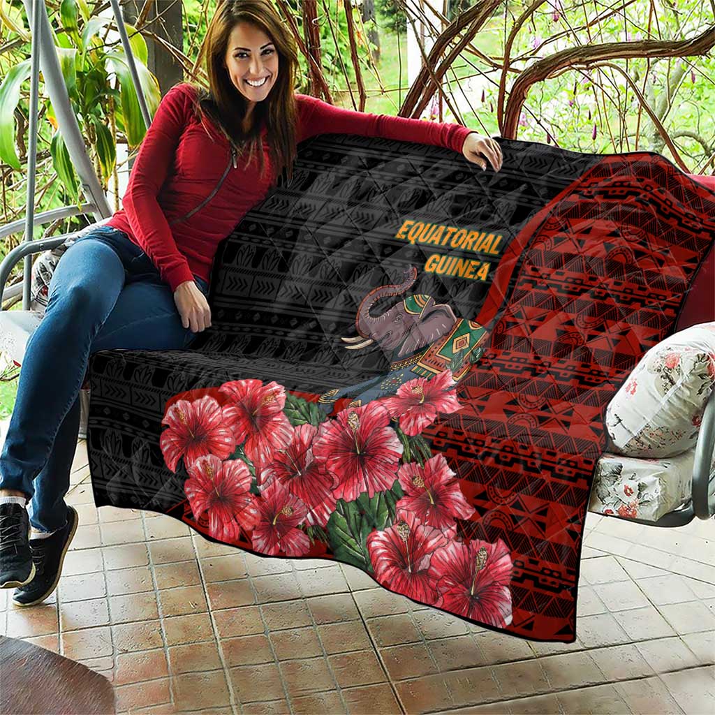 Equatorial Guinea Elephant Quilt with Hibiscus Flowers and Tribal Patterns