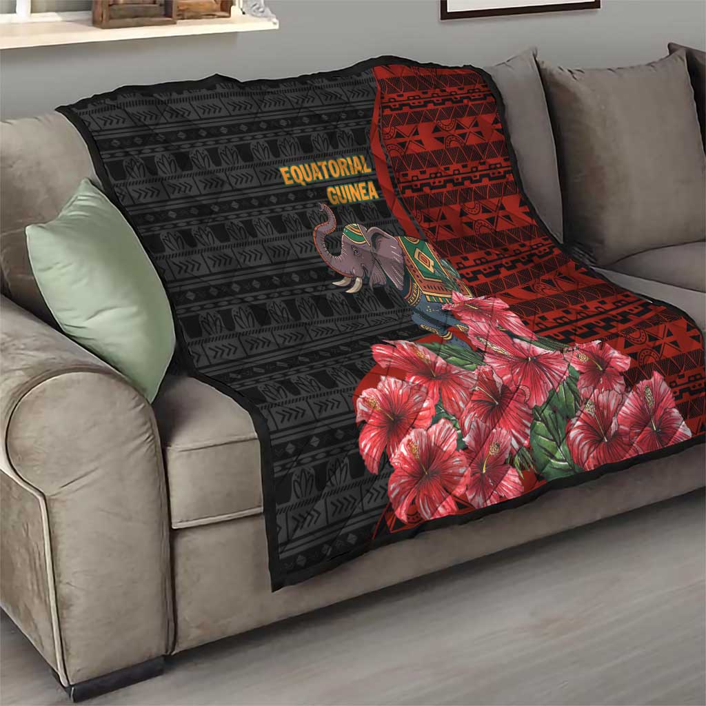 Equatorial Guinea Elephant Quilt with Hibiscus Flowers and Tribal Patterns