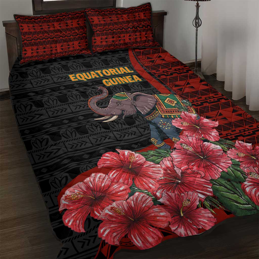 Equatorial Guinea Elephant Quilt Bed Set with Hibiscus Flowers and Tribal Patterns