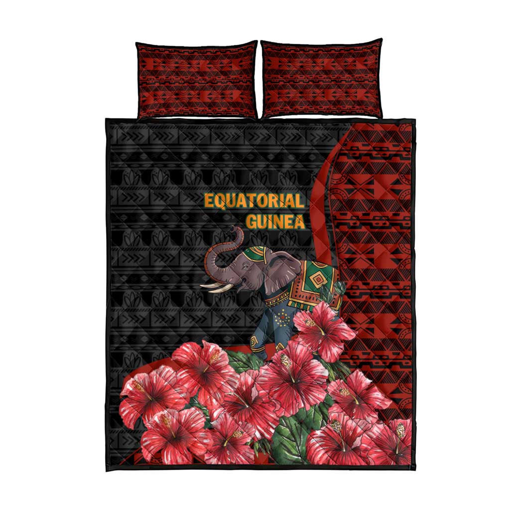 Equatorial Guinea Elephant Quilt Bed Set with Hibiscus Flowers and Tribal Patterns
