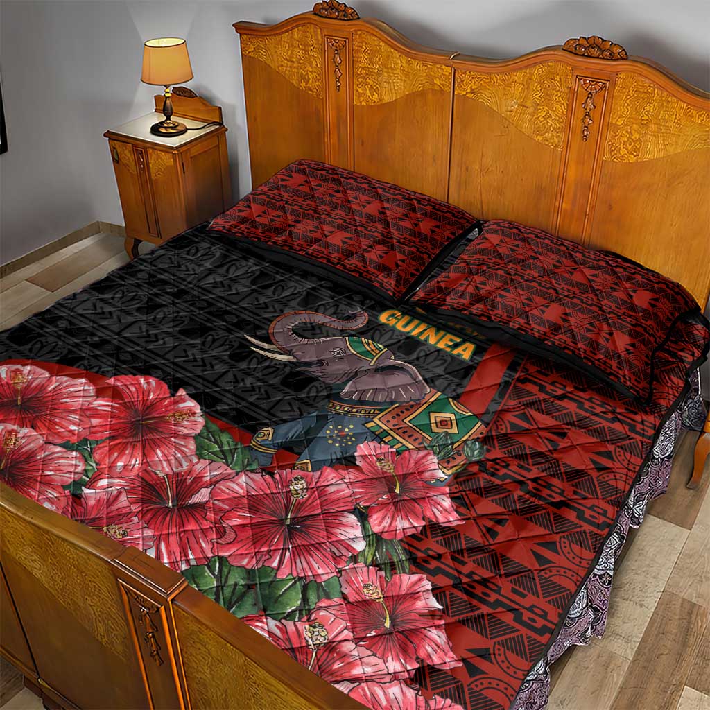 Equatorial Guinea Elephant Quilt Bed Set with Hibiscus Flowers and Tribal Patterns