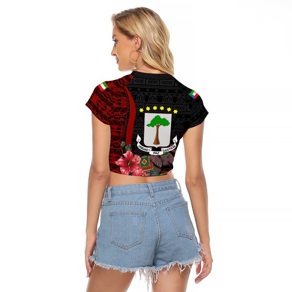 Equatorial Guinea Elephant Raglan Cropped T Shirt with Hibiscus Flowers and Tribal Patterns