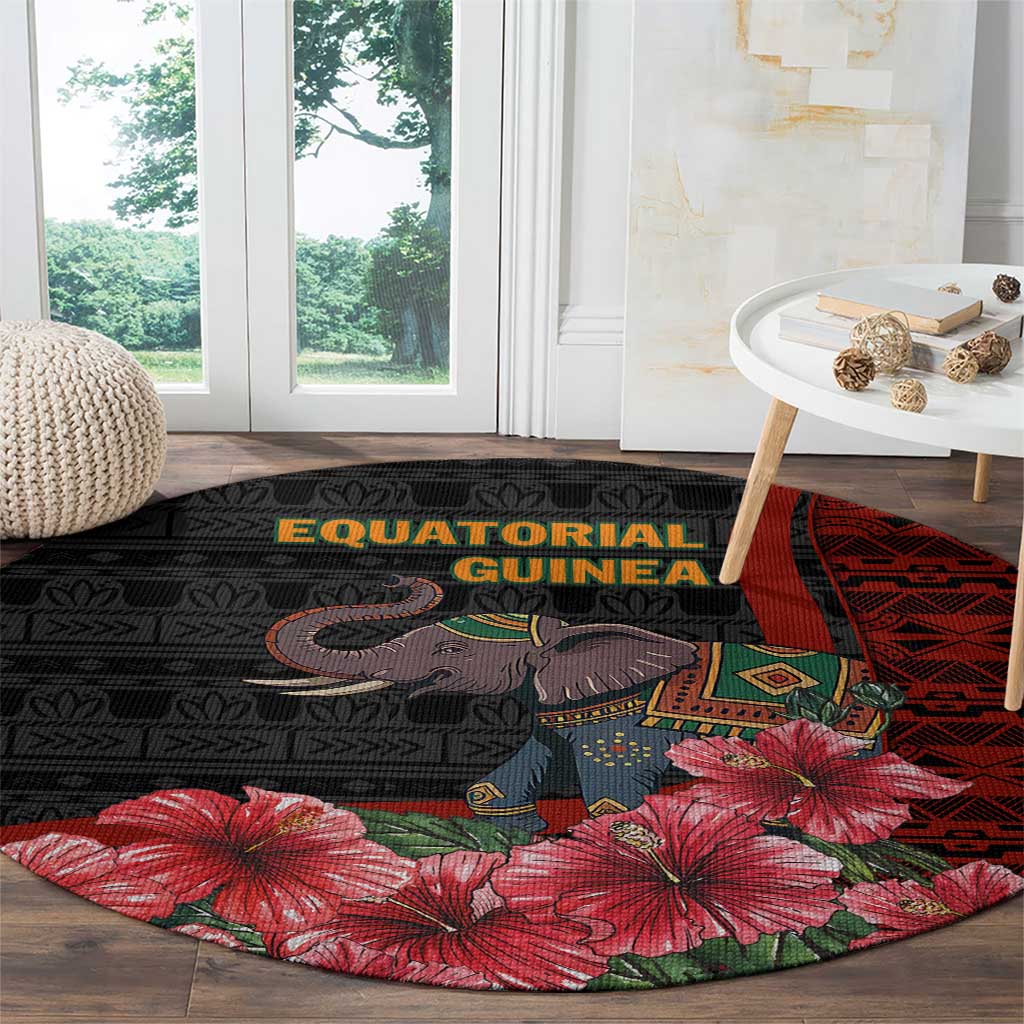 Equatorial Guinea Elephant Round Carpet with Hibiscus Flowers and Tribal Patterns