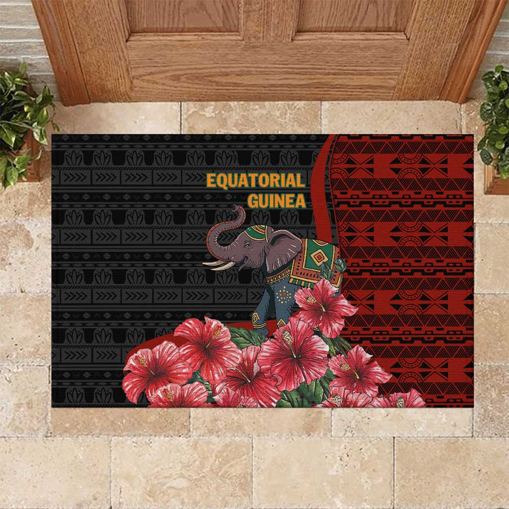 Equatorial Guinea Elephant Rubber Doormat with Hibiscus Flowers and Tribal Patterns